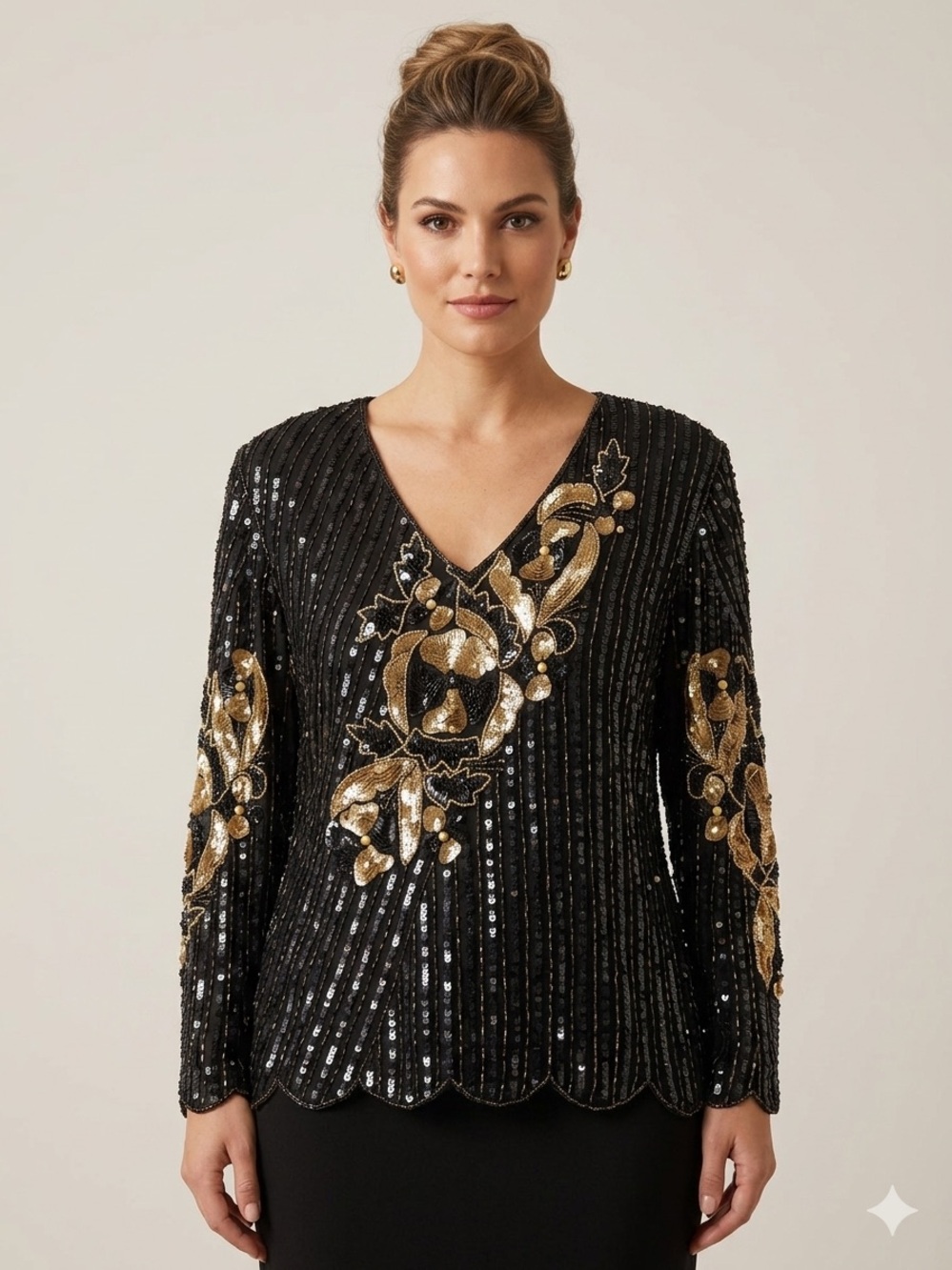 Vintage Sz M Beaded Black Retro Silk Scallop Hem Blouse